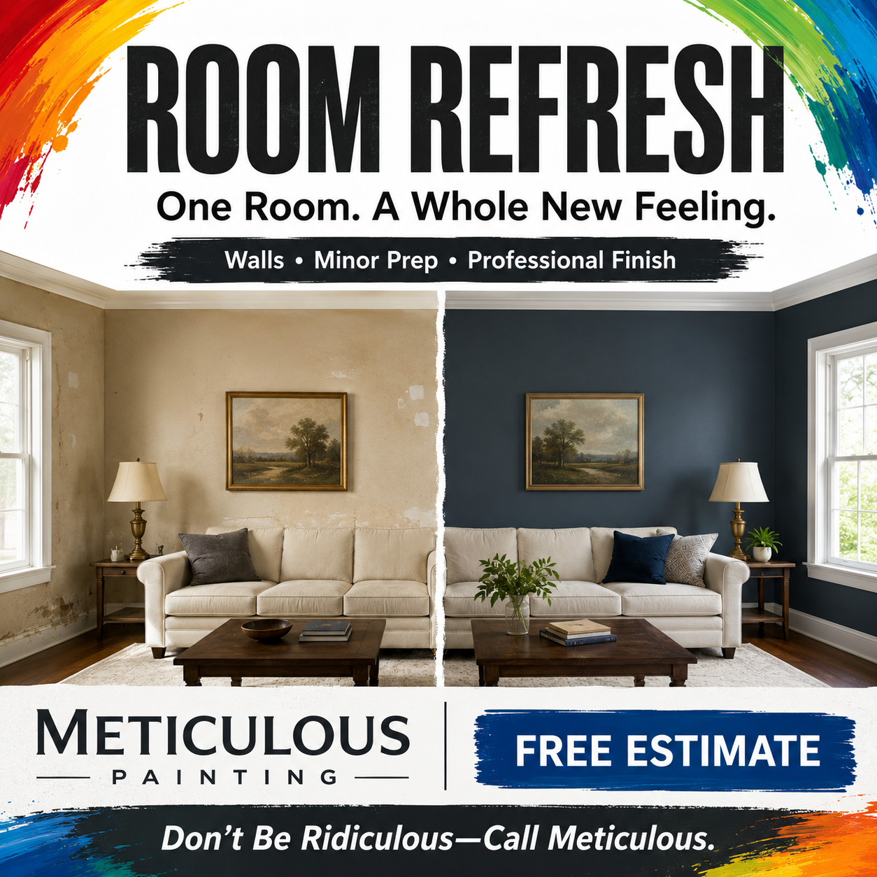 Freshly painted living room with crisp white trim
