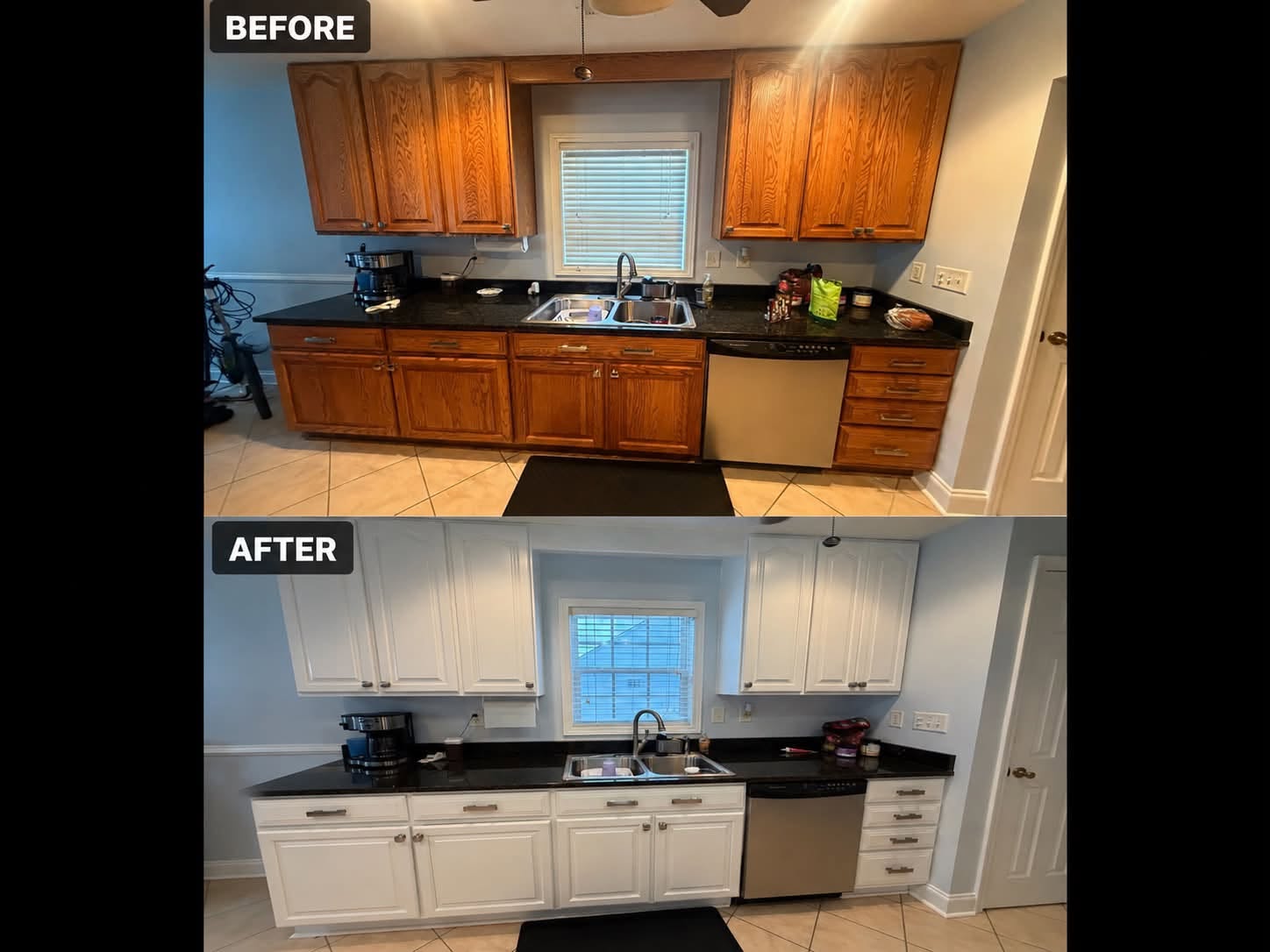 Oak cabinets painted white — before and after